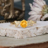 6 Prong Round Cut Citrine Brilliant Sparkle Leaf Engagement Ring Nature Inspired Ring for women